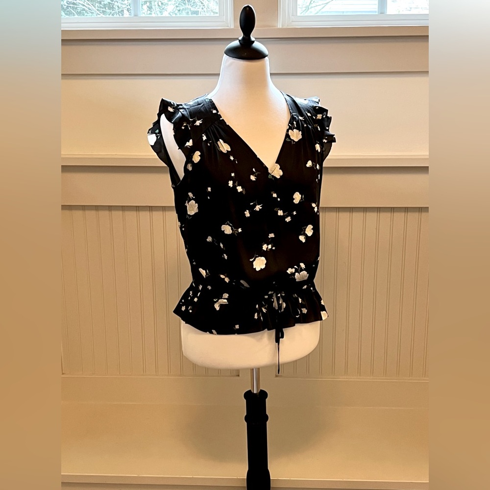 Soft Satin Ruffle Blouse. Banana Republic, floral print, drawstring waist.